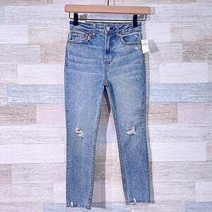 GAP Denim Kids Distressed Sky High Skinny Jeans Blue Light Wash Raw Hem Girls 8